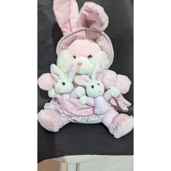 Dan Dee Pink Bunny Plush With Two Baby Bunnies Polka Dot  Striped  14"Easter - Picture 2 of 9
